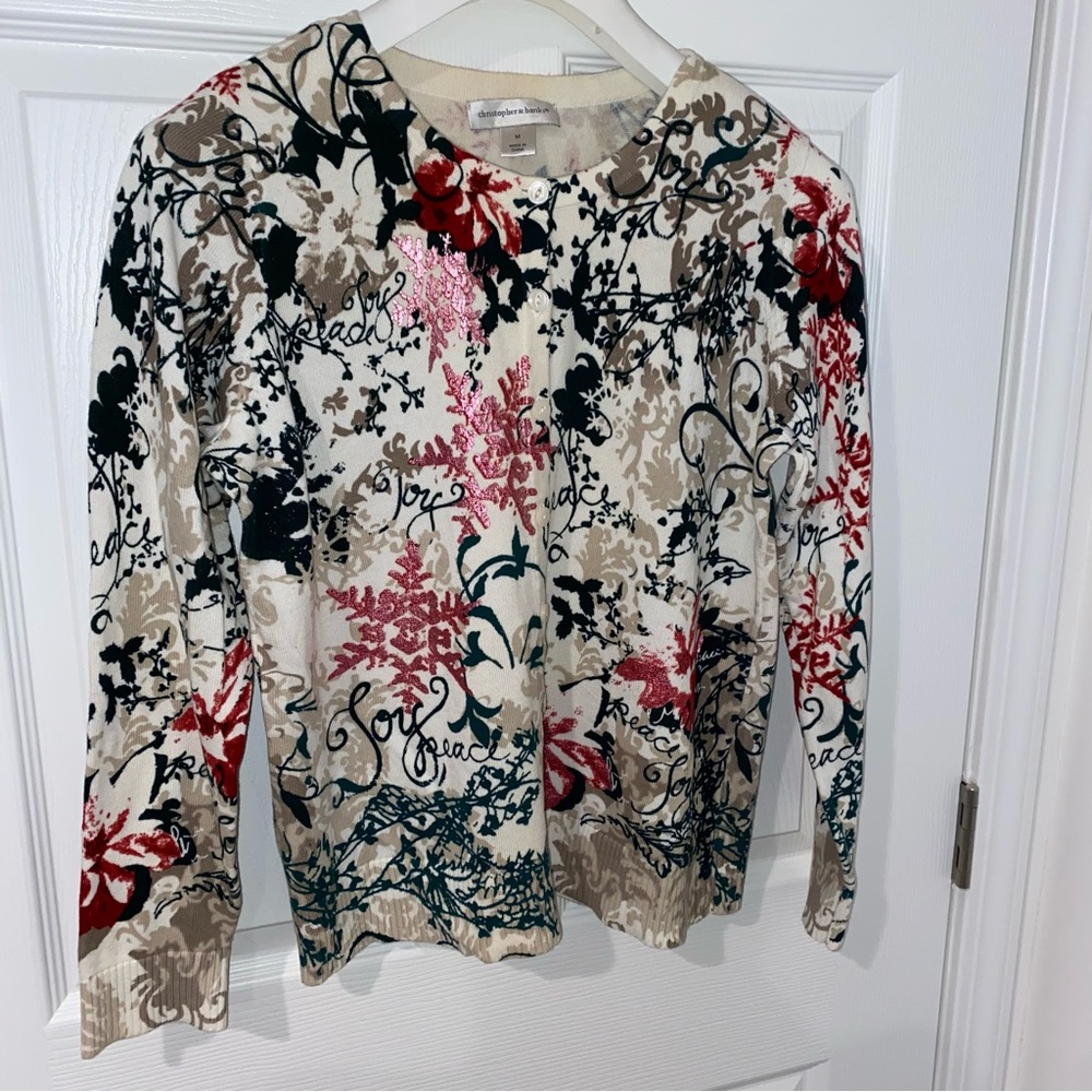 Christopher & Banks Multicolor Christmas Cardigan - Petite Medium